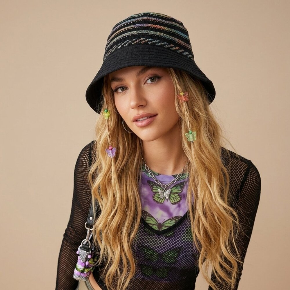 Vintage Black Multicolor Woven Knit Crochet Beach Bucket Hat Y2K, 90s Bohemian